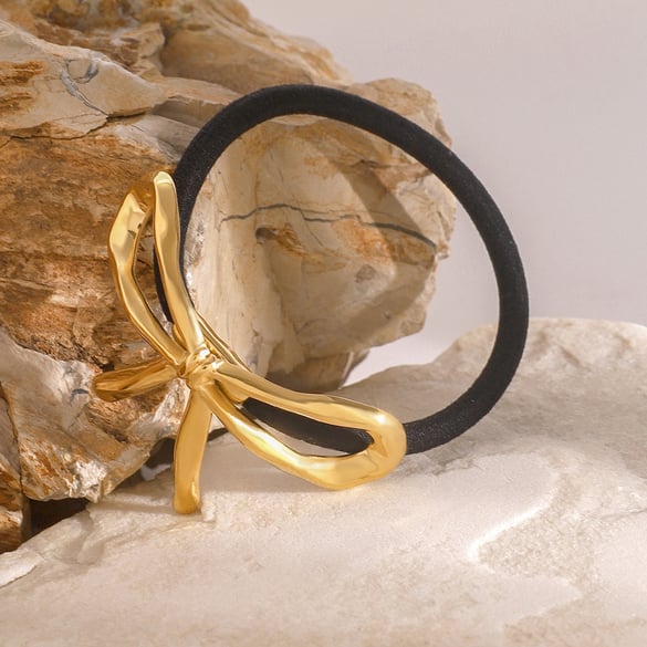 1 paire d&#39;élastiques à cheveux pour femmes, série Simple, nœud papillon, en acier inoxydable plaqué or 18 carats