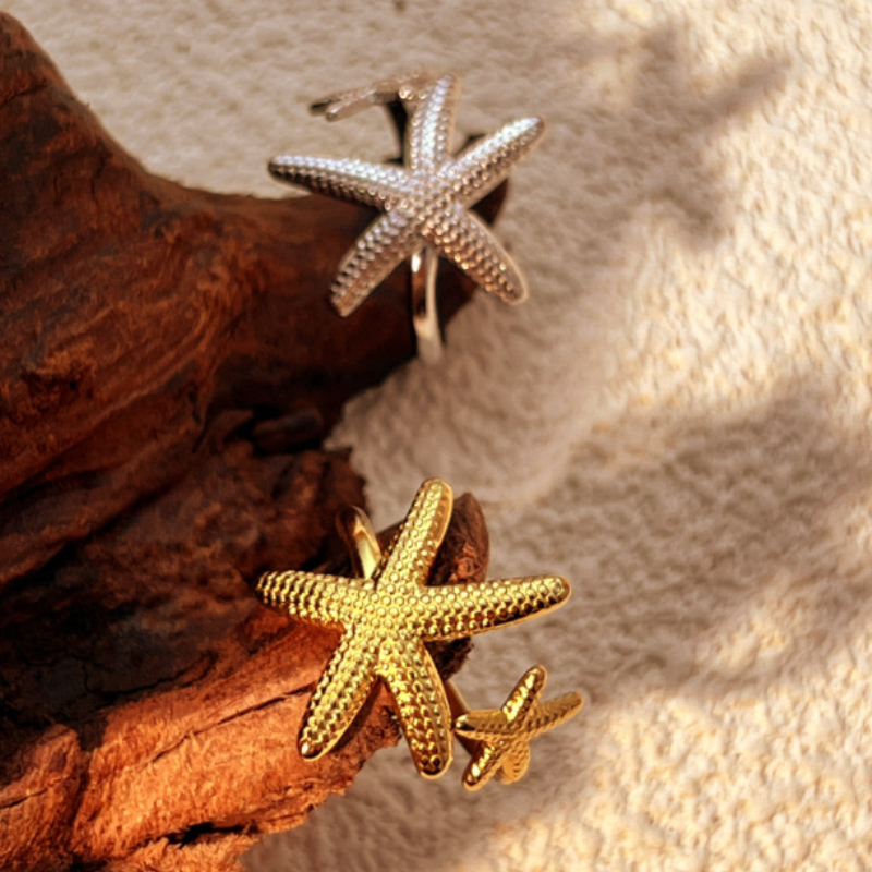 1 Piece Cute Starfish Stainless Steel Gold Color Women's Adjustable Rings Picture3