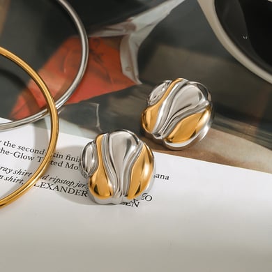 1 Pair Stylish Series Water Ripple Texture Stainless Steel Gold Color Women's Stud Earrings h5 Picture9