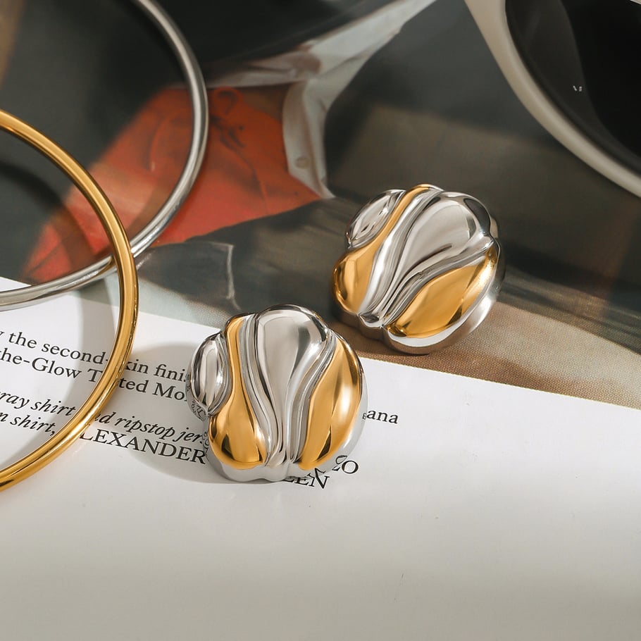 1 Pair Stylish Series Water Ripple Texture Stainless Steel Gold Color Women's Stud Earrings Picture9