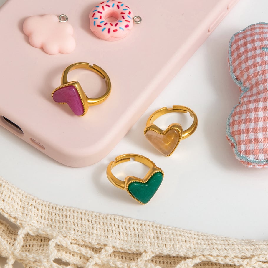 Anillos ajustables de acero inoxidable dorados para mujer, serie romántica de Europa y América, con forma de corazón/amor. Imagen3