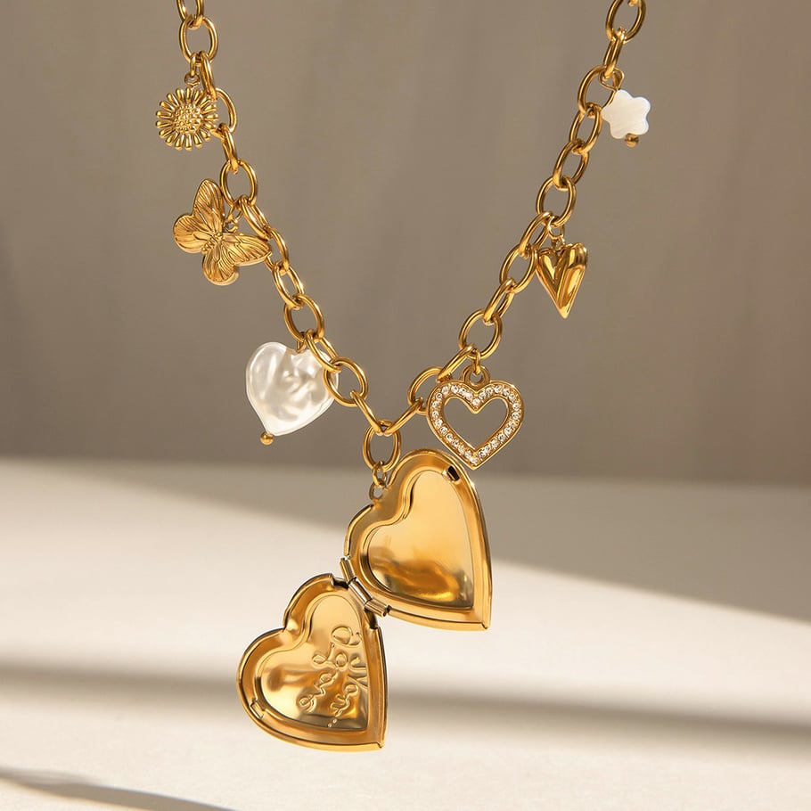 1 Piece Classic Series Exquisite Heart Shape Buttterfly Stainless Steel Gold Color Women's DIY Pendant Necklaces Picture5