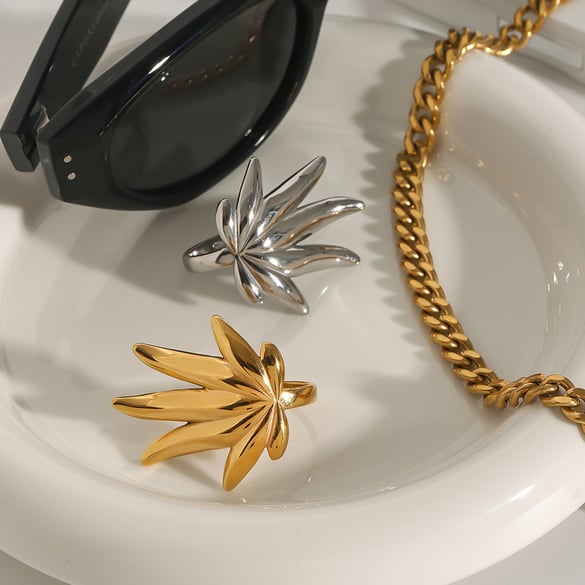 1 Piece Natural Series Ins Style Leaves Shape Titanium Steel Gold Color Women's Single Rings