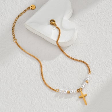 1 par de tobilleras clásicas de acero inoxidable con perla artificial chapada en oro de 14 quilates para mujer. h5 Imagen3