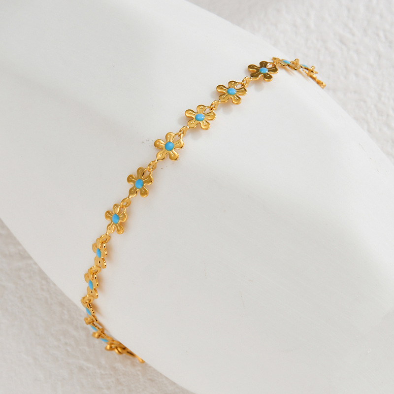 Bracelet à breloques pour femme, série simple, motif fleur mignonne, en acier inoxydable plaqué or 18 carats Image3
