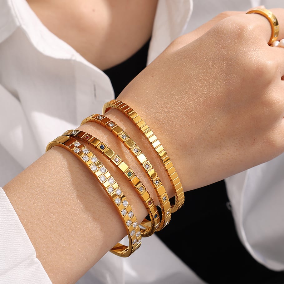 1 Stück Simple Series Klassische geometrische Edelstahl Goldfarben Strass Damen Armreifen Bild5