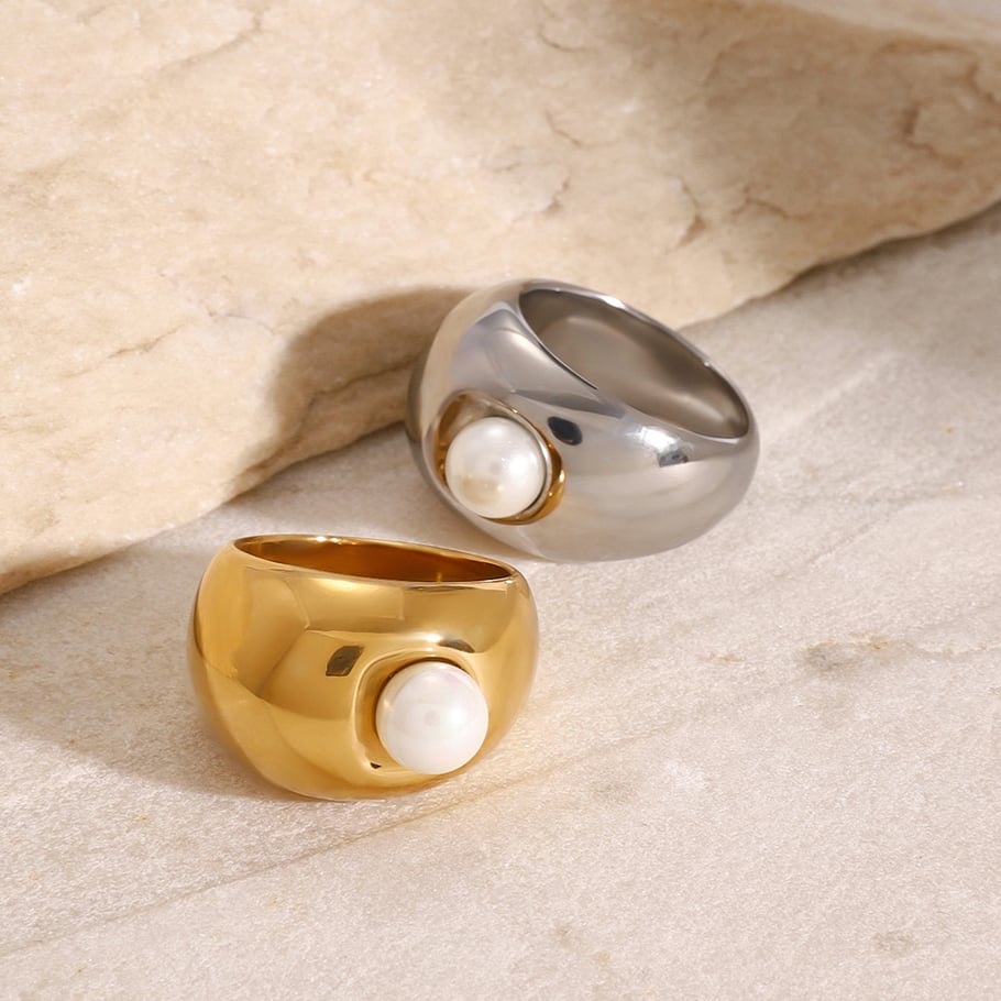 1 pair simple series round stainless steel gold plated artificial pearl women single rings h5Picture2