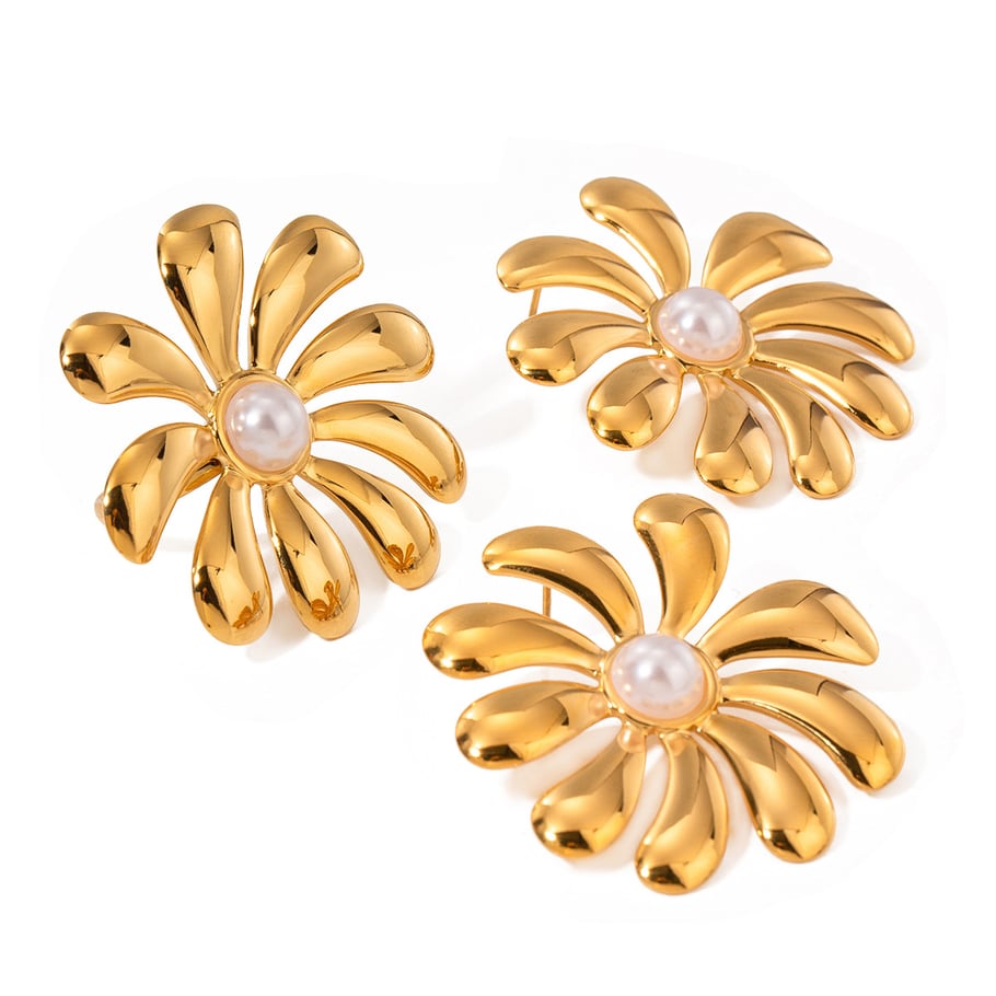 1 Paar Ohrringe-Set aus der Classic-Serie mit Retro-Blumenmotiv aus Edelstahl mit 18 Karat Gold überzogen und Kunstperlen Bild6