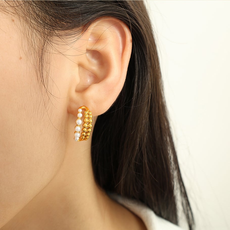 1 Pair Classic Series Retro Beads Stainless Steel 18K Gold Plated Artificial Pearl Women Hoop Earrings Picture5