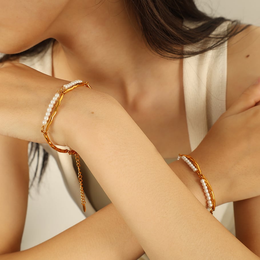1 Piece Simple Series Simple Beads Stainless Steel 18K Gold Plated Artificial Pearl Women Beaded Bracelets Picture5
