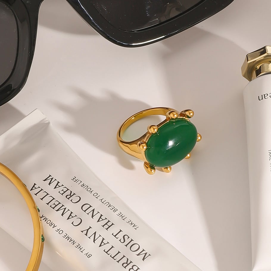 Anillos individuales de lujo para mujer, de acero inoxidable, color dorado, con piedra natural, estilo retro francés ovalado, de 1 pieza Imagen5