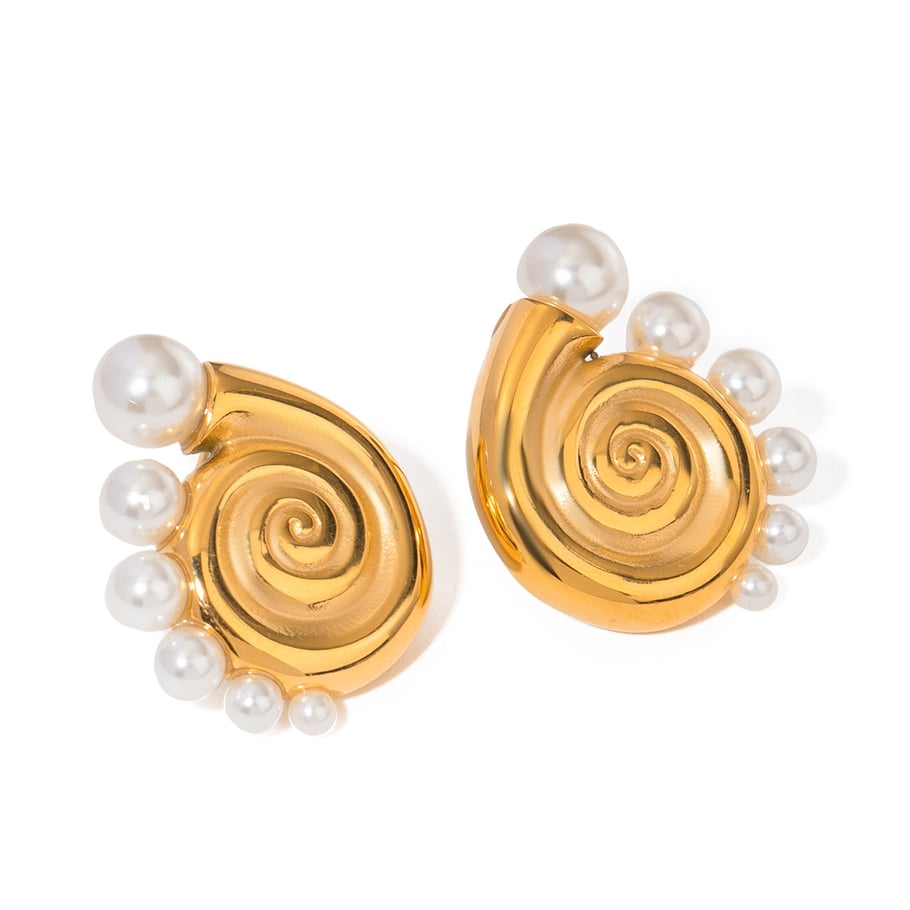 Internet-Promi-Stil Persönlichkeit Stil 18 Karat Gold Edelstahl Conch Halbkreis Perle Ohrringe mit linken und rechten Seiten Schmuck Großhandel Bild6