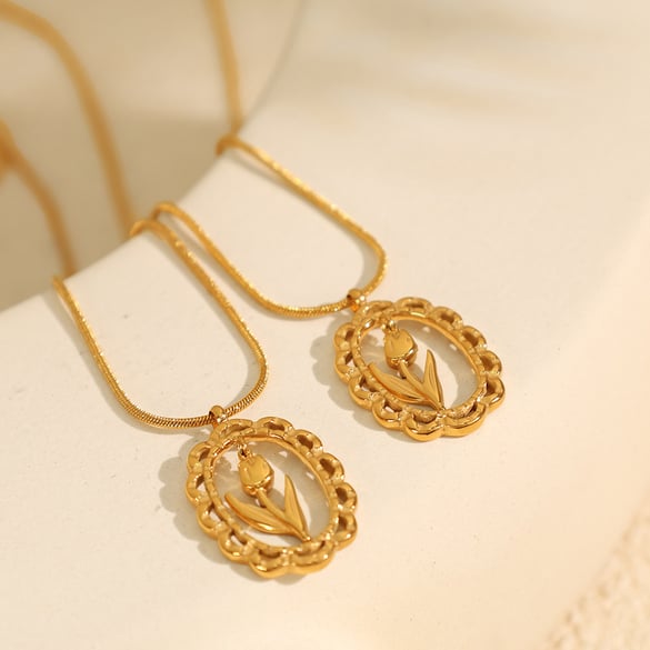 1 Piece Elegant Series Daily Tulip Shape Stainless Steel Gold Color Women's Pendant Necklaces 2