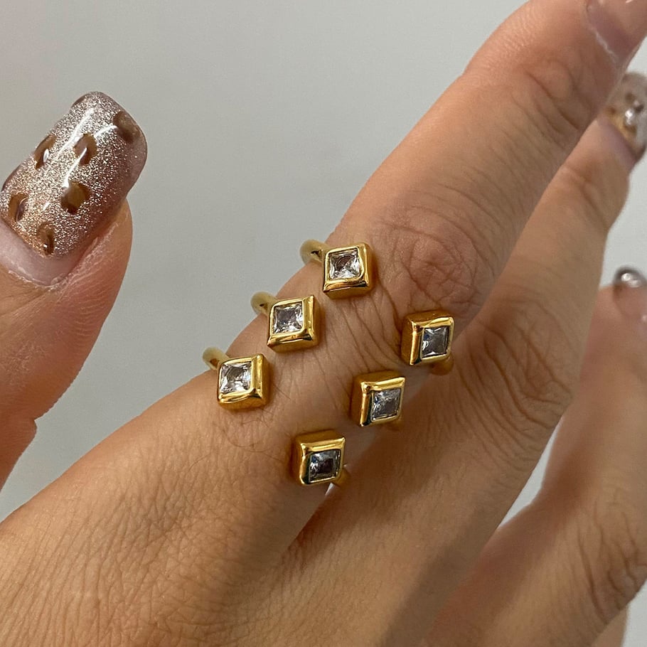 Anillos individuales de acero inoxidable cuadrilátero retro de lujo para mujer, color dorado, 1 pieza Imagen7