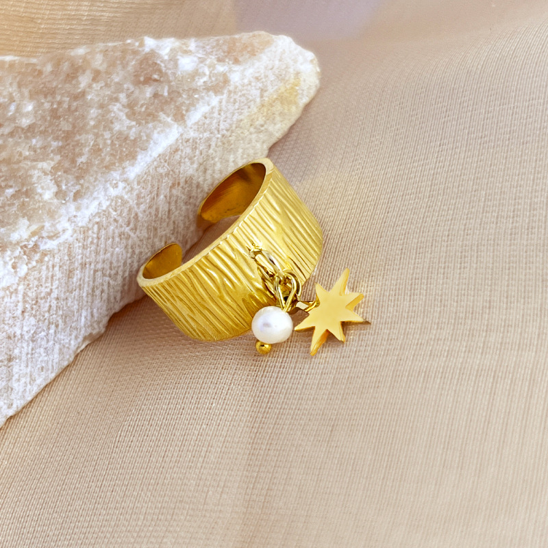 1 Piece Stylish Series Retro Octagram Ripple Pattern Stainless Steel Gold Color Women's Adjustable Rings Picture4