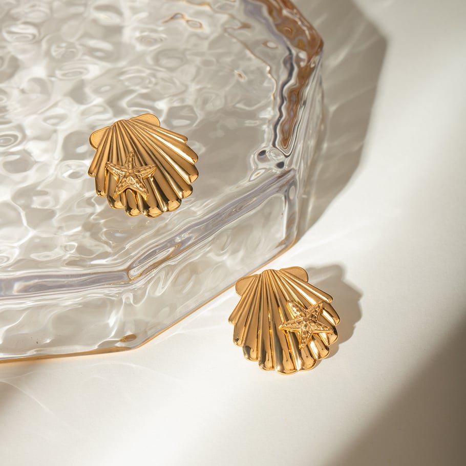 Europäische und amerikanische grenzüberschreitende INS-Stil Sommer Ozean Serie 18 Karat Gold Edelstahl Muschel klebrige Seestern Ohrringe Ohrringe Schmuck für Frauen Bild4
