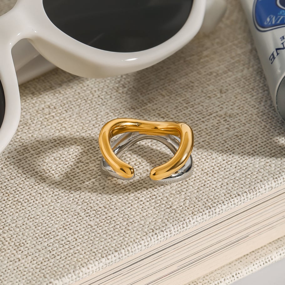 Anillos ajustables de acero inoxidable dorados para mujer, serie simple, Europa y América, 1 pieza Imagen5