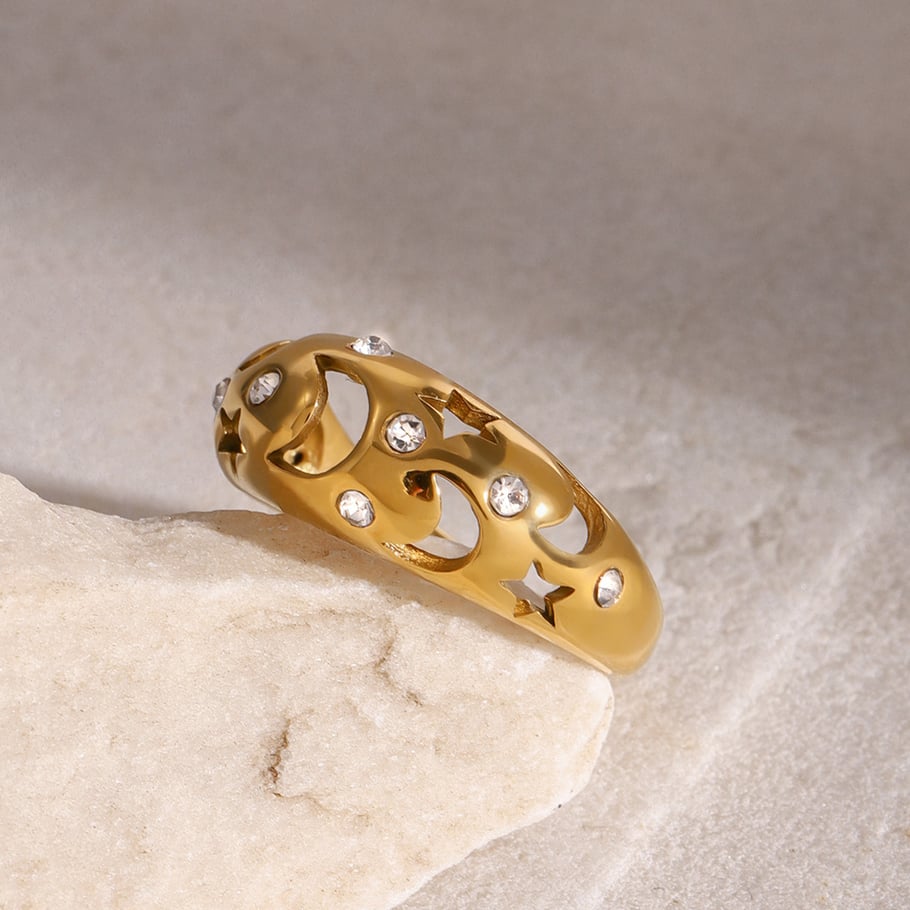Anillos individuales de acero inoxidable dorados para mujer, de la serie lujosa de Europa y América, con diseño de luna. Imagen5