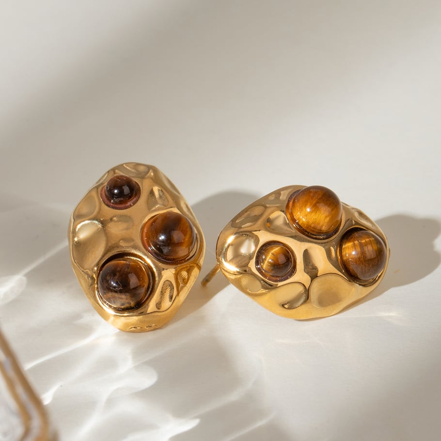 1 Pair Classic Series Retro Geometric Stainless Steel 18K Gold Plated Natural Stone Women Stud Earrings Picture4