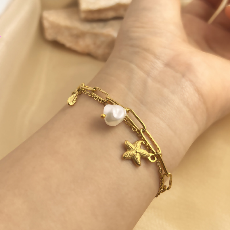 1 Piece Vacation Series Double-layer Exquisite Seashell Stainless Steel Gold Color Women's Charm Bracelets Picture4