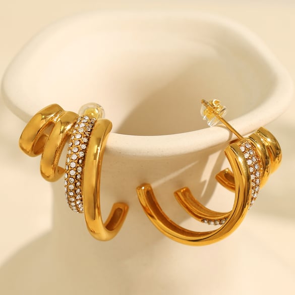 1 paio di orecchini a bottone da donna con strass, in acciaio inossidabile placcato oro 18 carati, semplici e geometrici retrò