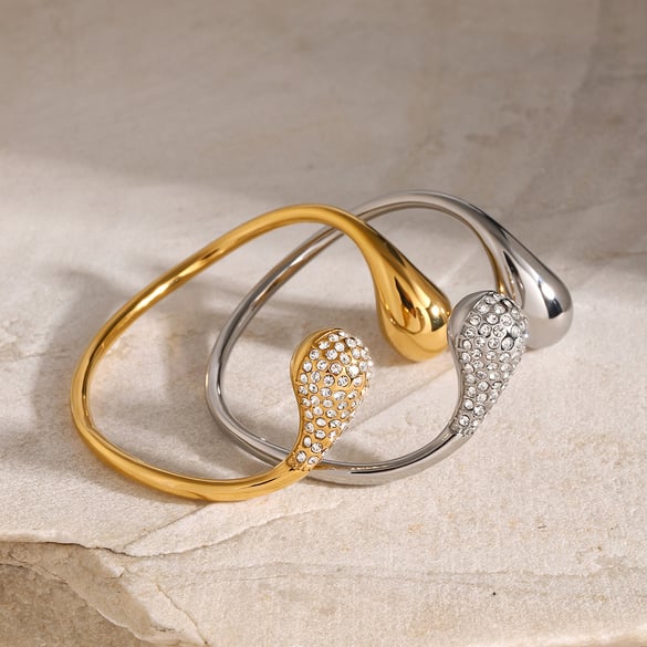 1 Piece Luxurious Simple Style Droplet Shape Stainless Steel 18k Gold Inlay Rhinestones Women's Bangles