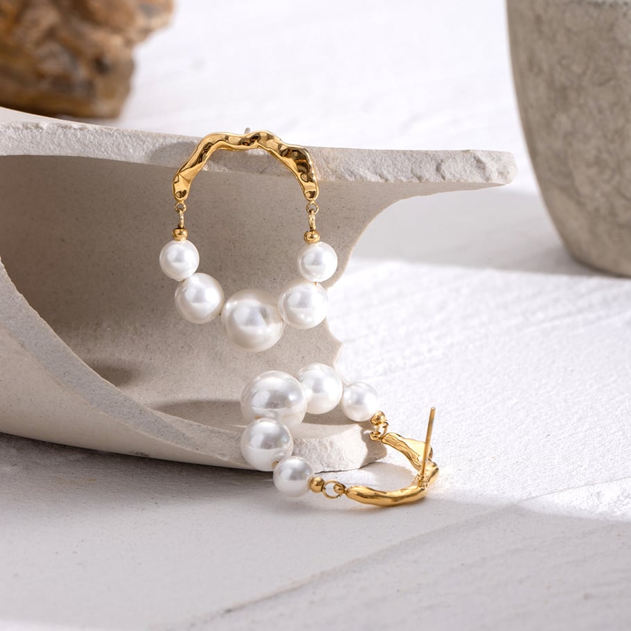 1 Pair Simple Series Retro Beads Stainless Steel 18K Gold Plated Artificial Pearl Women Hoop Earrings Picture5