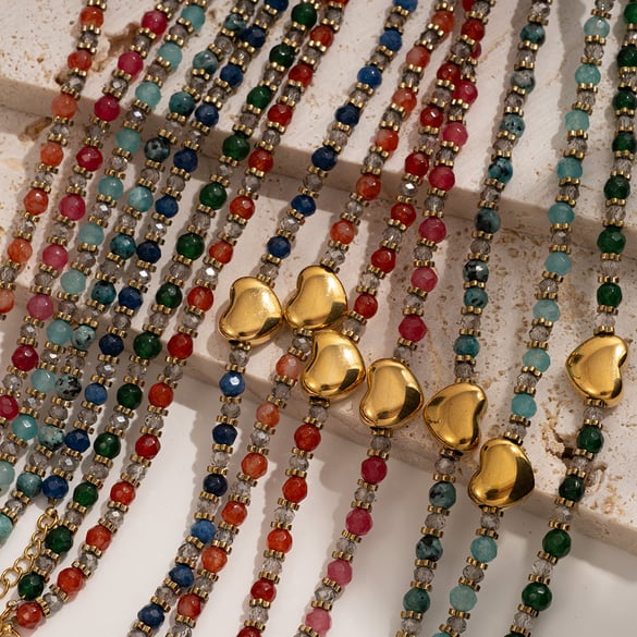 Collana con perline da donna in acciaio inossidabile color oro, elegante cuore della serie romantica, 1 pezzo