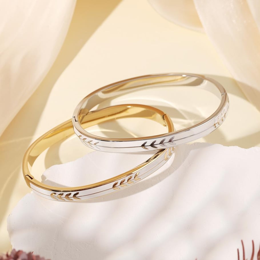 1 Piece Classic Series Elegant Olive Branch Pattern Stainless Steel Gold Color Women's Bangles Picture5