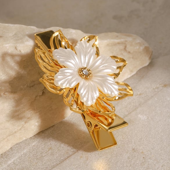 1 paio di fermagli per capelli da donna in acciaio inossidabile placcato oro 18 carati con strass, serie classica, retrò, a forma di fiore