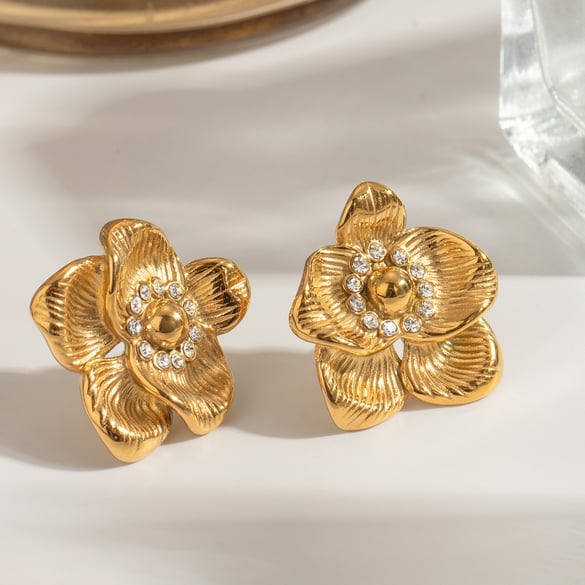 1 Paar Klassische Serie Retro Blume Edelstahl 18K vergoldet Strass Damen Ohrstecker