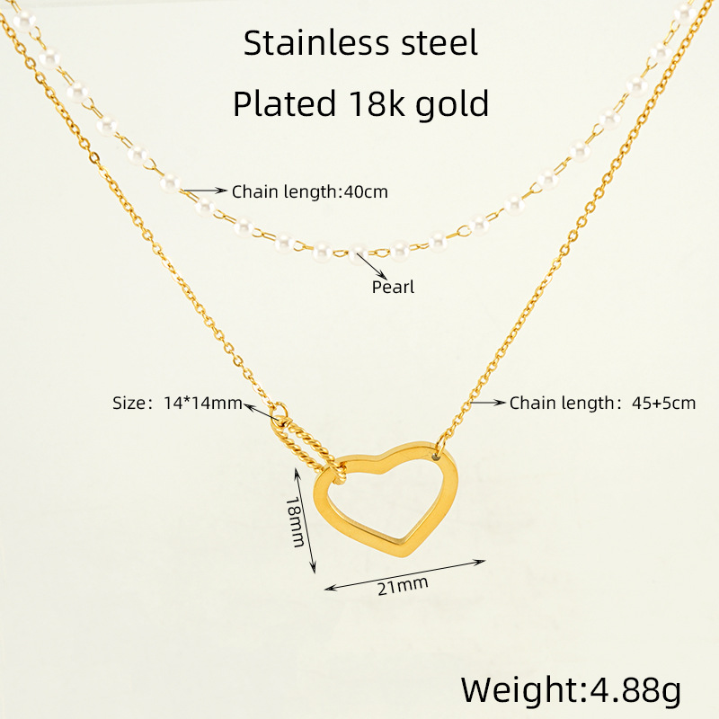 1 Paar grenzüberschreitende französische Mode gestapelte Doppelketten-Perlenkette leichter Luxus-Stil Edelstahlschmuck All-Match-Titanstahl-Halskette weibliche Damen-Stapelhalskette Bild4