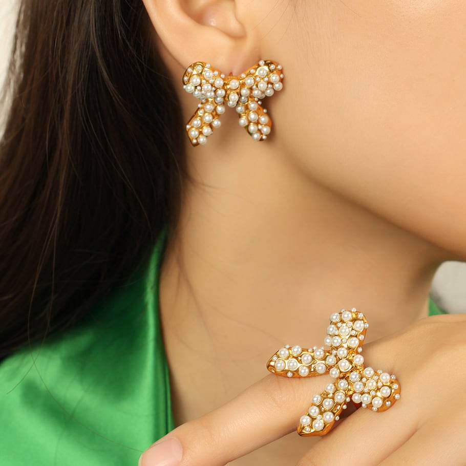 1 par de pendientes de botón con lazo retro de acero inoxidable chapados en oro de 18 quilates y diamantes de imitación para mujer Imagen5