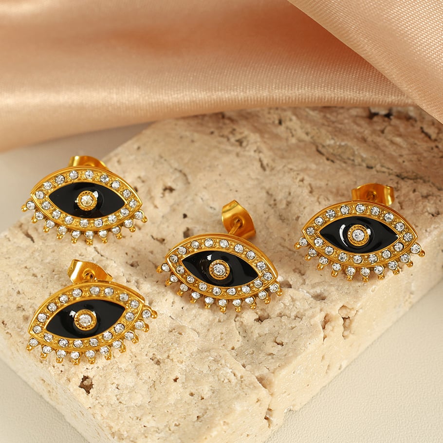 1 Pair Simple Series Retro Eye Stainless Steel 18K Gold Plated Rhinestone Women Stud Earrings Picture3