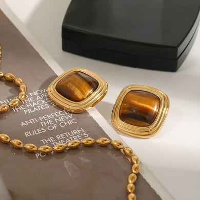 1 Paar Klassische Serie Europa und Amerika Viereck Edelstahl Gold Farbe Naturstein Damen Ohrstecker h5 Bild4