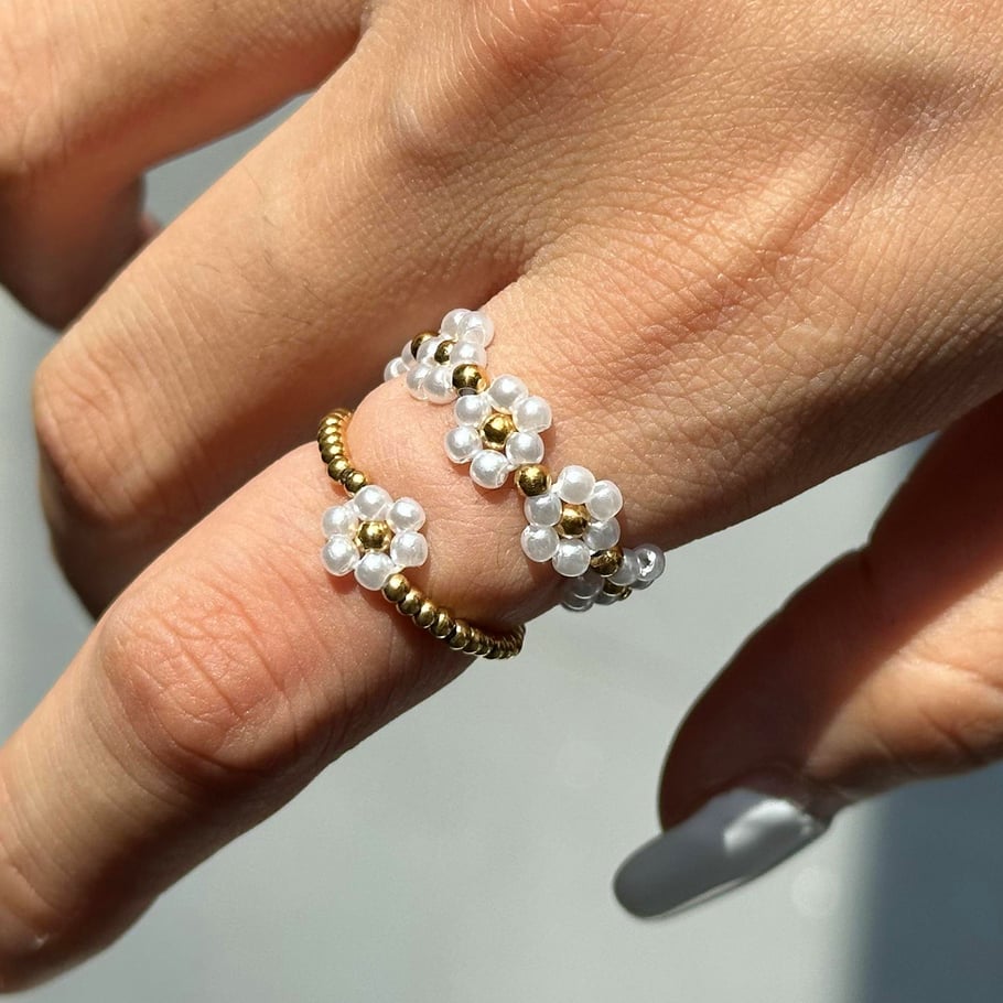 1 Pair Classic Series Elegant Flower Stainless Steel 18K Gold Plated Artificial Pearl Women Adjustable Rings Picture4