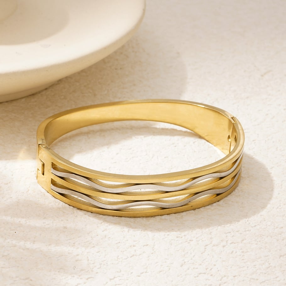 1 Piece Modern Series Casual Wave Strip Stainless Steel Gold Color Women's Bangles Picture4