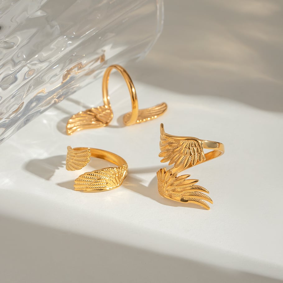 1 Pair Luxurious Series Retro wing Stainless Steel 18K Gold Plated Women Adjustable Rings Picture5