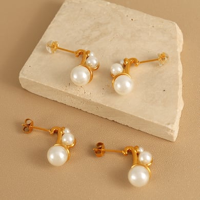 1 Pair Romantic Series Retro Flower Stainless Steel 18K Gold Plated Artificial Pearl Women Stud Earrings h5 Picture4