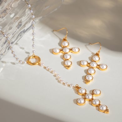 1 Paar Simple Series Retro Kreuz Edelstahl 18 Karat vergoldet Kunstperle Damen Ohrringe Set h5 Bild3