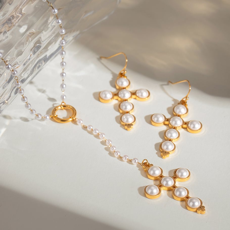 1 Paar Simple Series Retro Kreuz Edelstahl 18 Karat vergoldet Kunstperle Damen Ohrringe Set h5Bild3