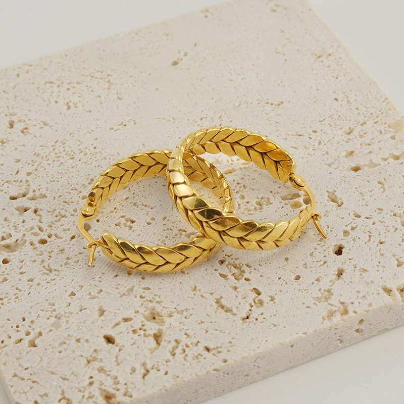 1 Pair Simple Series Simple Plaid Titanium Steel 18K Gold Plated Women Hoop Earrings Picture3