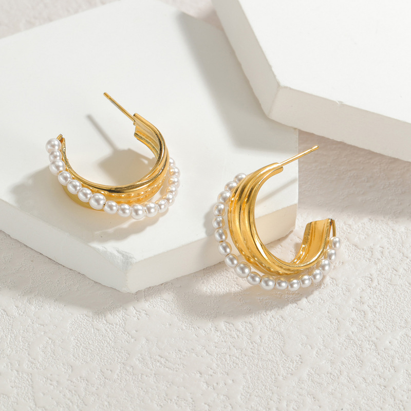 1 paire de boucles d&#39;oreilles créoles pour femme, série classique, en acier inoxydable plaqué or 18 carats, avec perles artificielles Image3