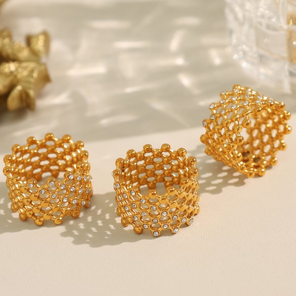 1 Çift Basit Seri Retro Geometrik Paslanmaz Çelik 18K Altın Kaplamalı Yapay Elmas Kadın Tek Yüzükler