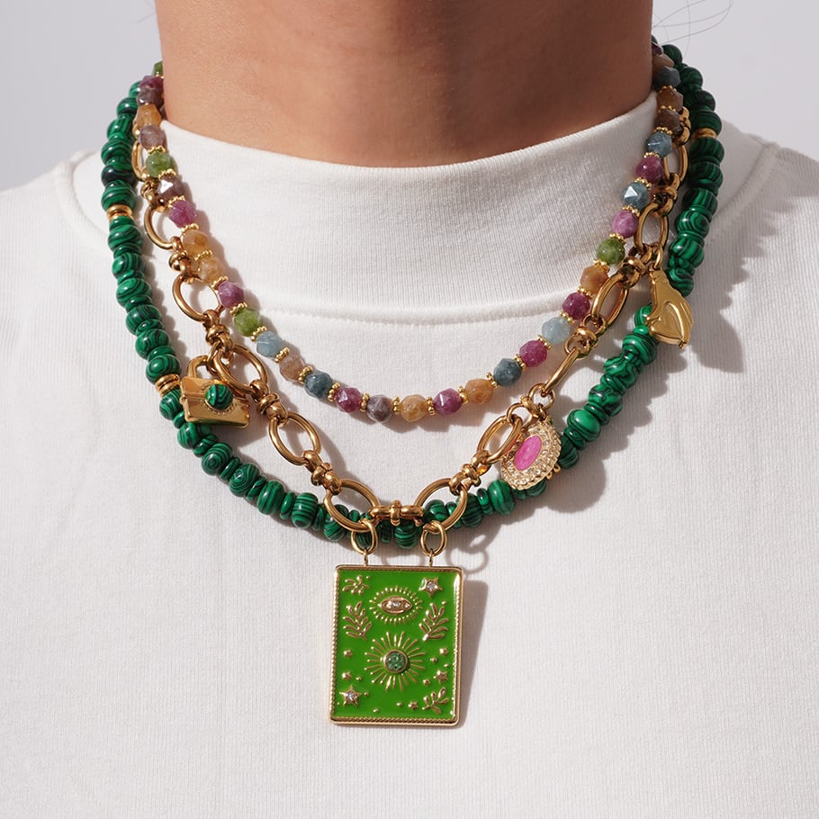 1 Piece Luxurious Series Bohemian Green Eye Tarot Stainless Steel Gold Color Women's Beaded Necklaces Picture3