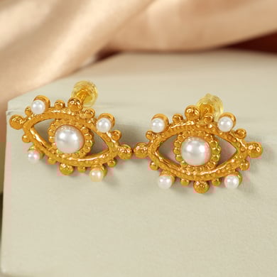 1 Pair Simple Series Punk Eye Stainless Steel 18K Gold Plated Artificial Pearl Women Stud Earrings h5 Picture3