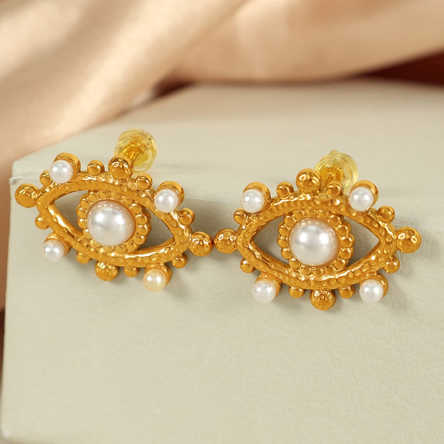 1 pair simple series punk eye stainless steel gold plated artificial pearl women stud earrings h5Picture3