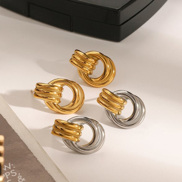 1 Pair Simple Series Fashionable Annular Stainless Steel Gold and Silver Color Women's Stud Earrings 2