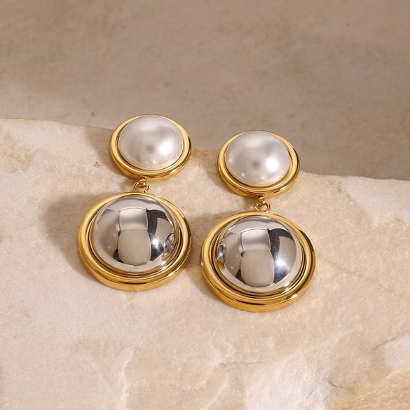 1 Pair Simple Series Europe and America round Stainless Steel 18K Gold Plated Artificial Pearl Women Drop Earrings