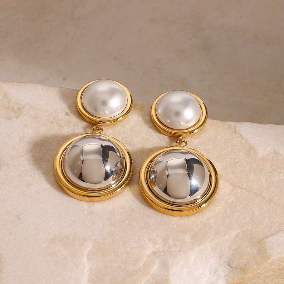 1 Pair Simple Series Europe and America round Stainless Steel 18K Gold Plated Artificial Pearl Women Drop Earrings Picture3